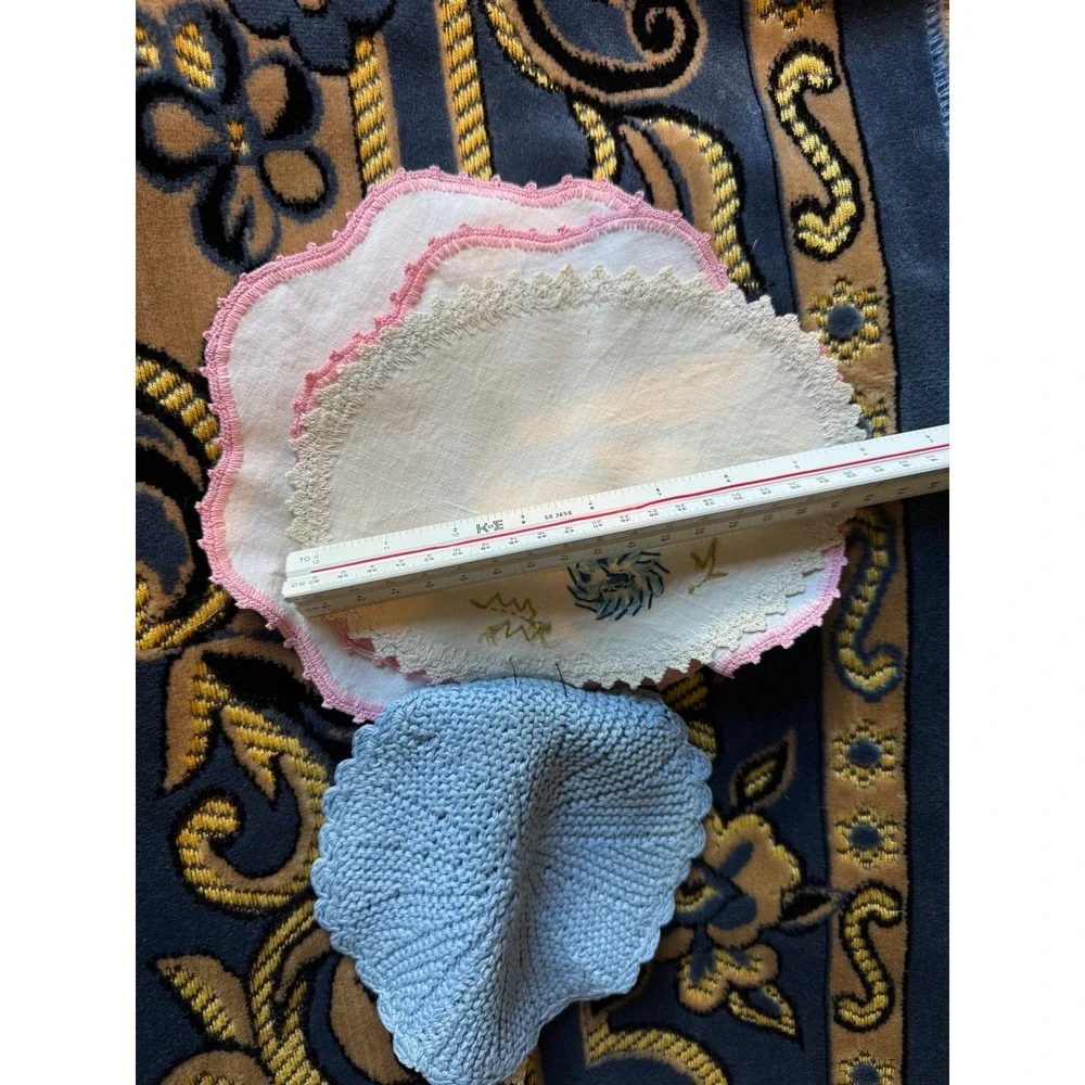 Vintage Linen Doilies Crochet Lace Edging Pastel Pink Blue Cream Set Cottagecore